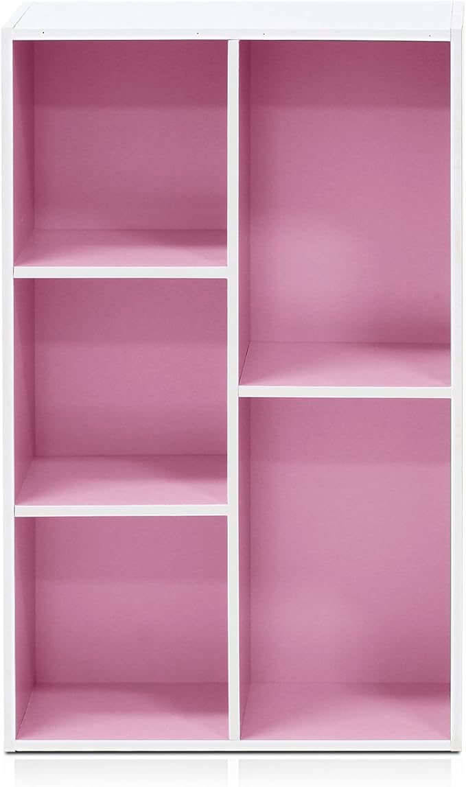 Furinno LUDER Book Shelf, 5-Cube Bookshelf, Reversible Bookcase, 9.4 x 19.5 x 31.5, for Living Room, Bedroom, Home Office, White/Pink