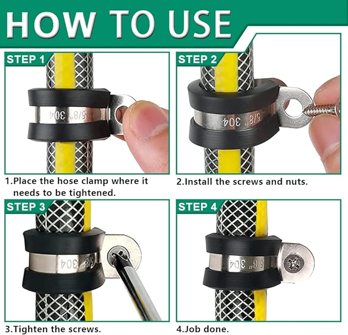 OURU 110PCS Cable Clamps Assortment Kit,10 Sizes—1/4" 5/16" 3/8" 1/2" 5/8" 3/4" 1" 1-1/4" 1-1/2" 1-3/4" Stainless Steel Rubber Coated Cushioned Insulated Cable Clamp,Automotive Wire Pipe Clamps
