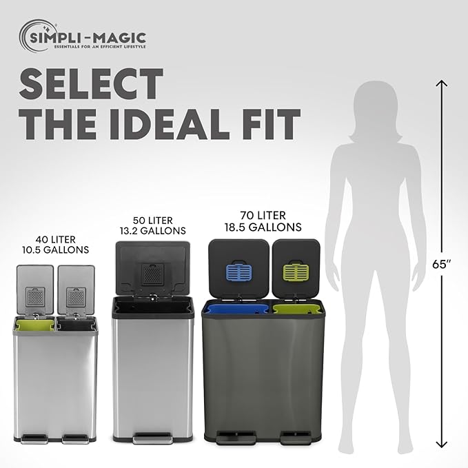 70 Liter / 18.5 Gallon Rectangular Hands-Free Dual Compartment Recycling Kitchen Step Trash Can with Soft-Close Single Lid, Stainless Steel (40L x 30L Capacity) Elegant Black Finish