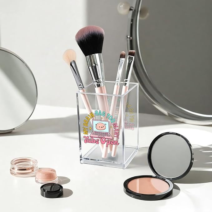 Vgrti My Brain Has Too Many Tabs Open Acrylic Cosmetic Pencil Pen Holder Cup, Cute Desk Organizer Accessory for Home Office Decor, Funny ADHD Gifts, Humor Sarcastic Work Gifts for Women Coworker Boss