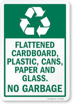 SmartSign 10 x 7 inch "Flattened Cardboard, Plastic, Cans, Paper, Glass - No Garbage Recycling Sticker Label, 3 mil Laminated Adhesive Polyester, Green and White, Made in USA