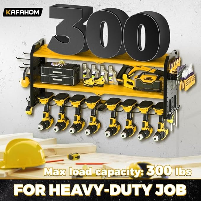 KAFAHOM Power Tool Organizer，Large 8 Drill Holder Wall Mount ，Heavy Duty Metal Tool Shelf with 12 Hooks Storage Rack for Garage Organization，Utility Cordless Drill Holder and Battery Shelves