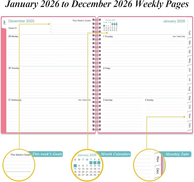 2026 Planner - Planner 2026 from January 2026 to December 2026 with 12 Monthly Tabs, Flexible Cover, Inner Pocket, 8.5" x 11", Pink-B