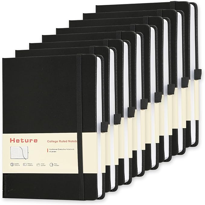Heture 8 Pack Lined Journal Notebooks,A5 Hardcover Notebooks, 5.5 x 8.3 inch, 100GSM, 160 Pages, Classic College Ruled Notebooks for Writing/Work/Travel/College (Black)