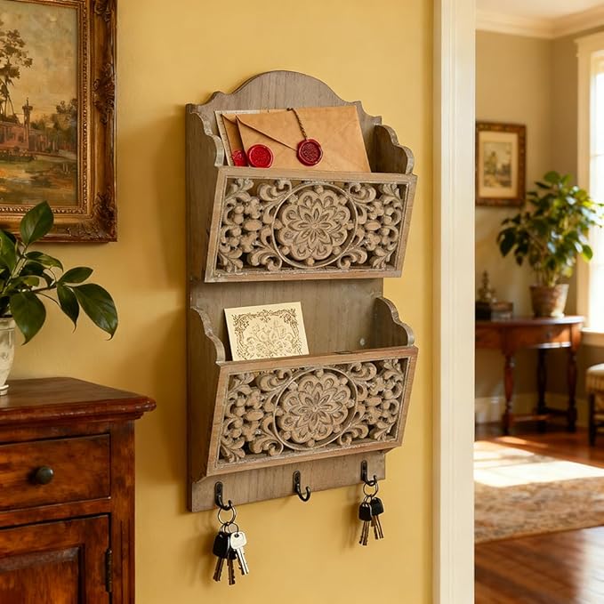 Chadechimo Rustic Key and Mail Holder for Wall Home Decorative,2-Slot Mail Organizer Wall Mount with 3 Hooks, Wooden Key Hangers Wall File Organizer Letter Sorter for Letter Magazines（Brown）