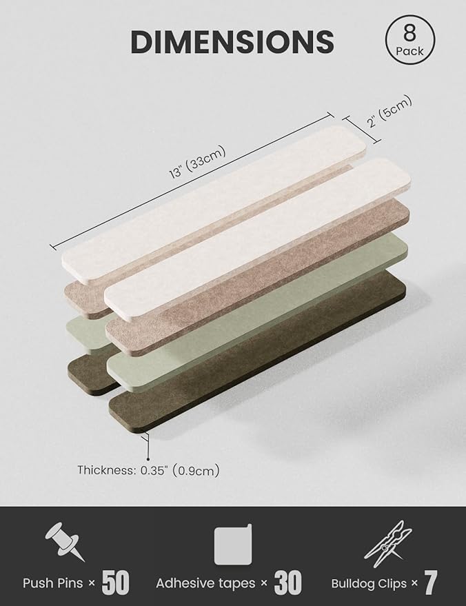 Fluxynara Cork Board Alternative Felt Strip Board 8-Pack 13"x2", Office Pin Board with 50 Push Pins, Adhesive Install for Bedroom Door & Home Office(Linen Dusk)