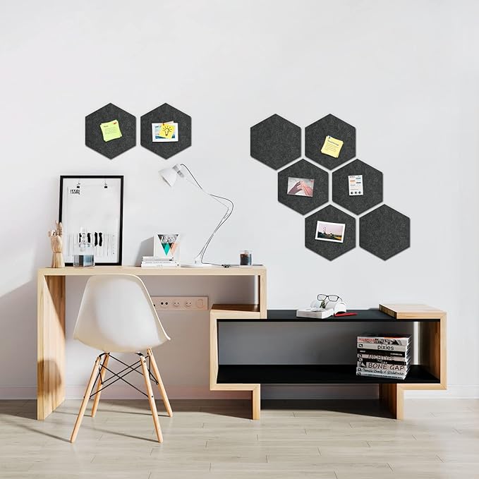 Uoisaiko 12" Large Bulletin Board with 30 Push Pins, Pack of 8 Hexagon Felt Pin Board Notice Boards for Home Office Kitchen, Felt Wall Tiles for Photos Memos