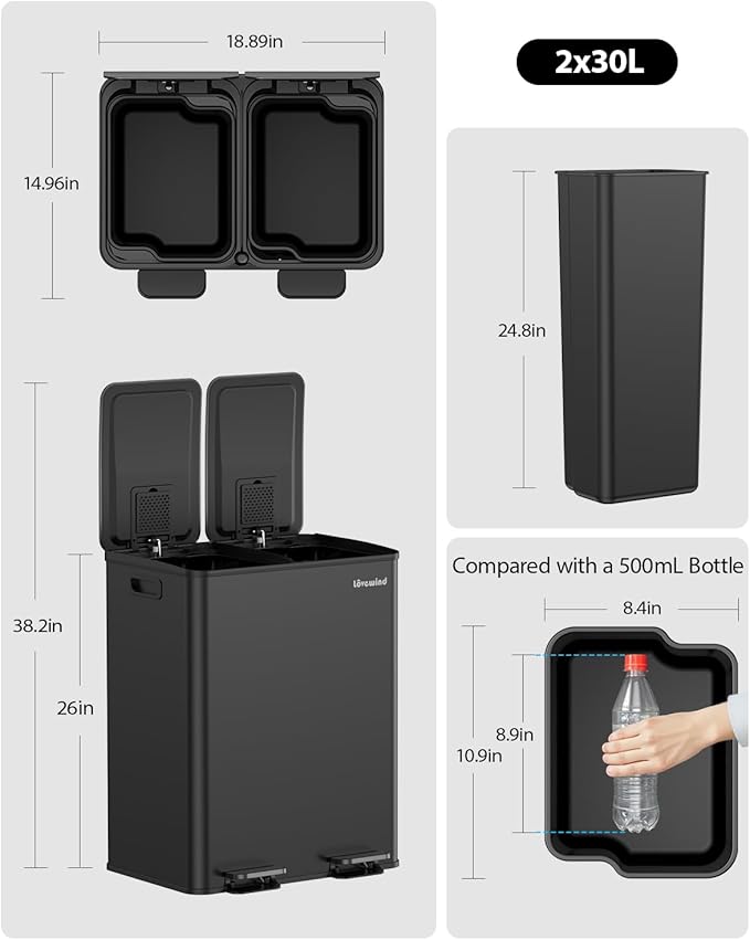 Lovewind Kitchen Trash Can, 2 x 8 Gallon (2 x 30 L) Stainless Steel Trash and Recycle Bin Combo with Soft-Close Lid, Dual Compartment Recycling Kitchen Step Trash Bin, Black