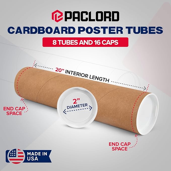 2" x 20" Reinforced Kraft Paper Mailing Tubes, Pack of 8 Tubes with 2 Caps Each – USPS Approved Poster Tube – Made in USA Cardboard Tube for Shipping and Storing Posters, Prints, Artwork, or Documents