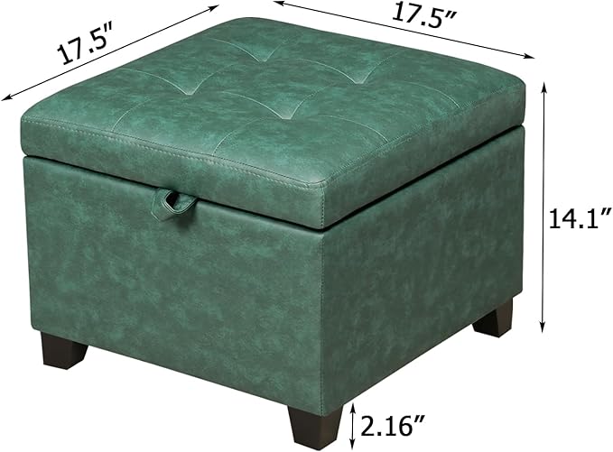 Adeco Green Faux Leather Storage Ottoman with Hinged Lid, 14" Green Square Cube Foot Stool with Storage, Upholstered Vanity Stool with Black Solid Wood Legs for Living Room, Bedroom