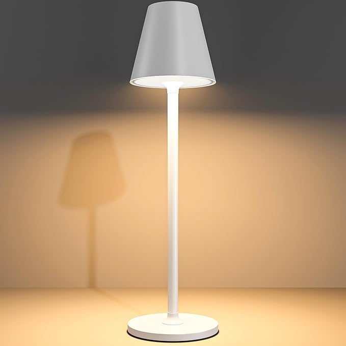 Timjorman Modern LED Cordless Table Lamp, 4000mAh Rechargeable Battery, 3 Level Brightness Night Light, Metal Shell, Minimalist Design, for Couples Dinner/Coffee Table/Restaurant/Bedroom, White