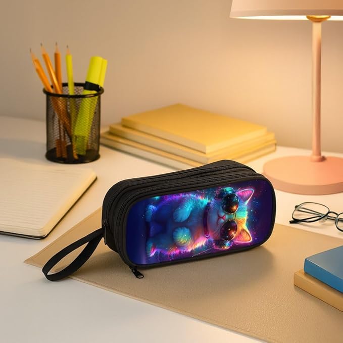 HiMagics Children's Pencil Case, Large Zipper Pencil Pouch for Boys with Two Compartments Boys Pen Pouch for School Cat with Headphones Pencil Bag, Black