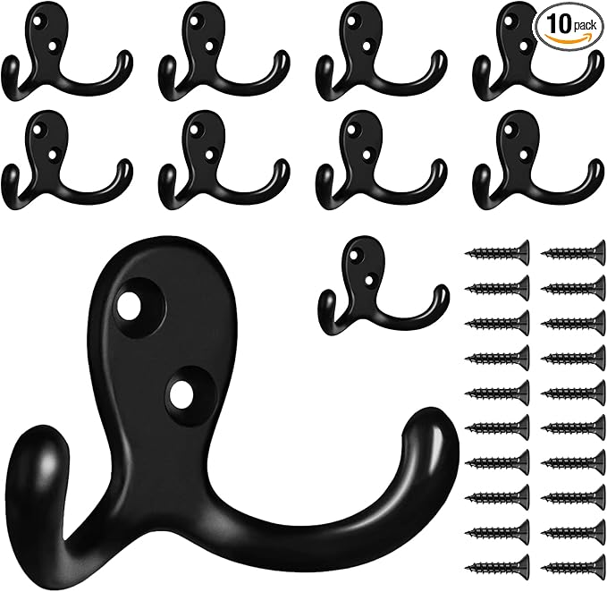 CBWLWJ 10 Pack Coat Hooks Wall Hooks for Hanging, Heavy Duty Double Prong Metal Hook Wall Mounted for Living Room, Bathroom, Kitchen, Bedroom for Coat, Bag, Scarf, Towel, Hat, Key, Cup (Black)