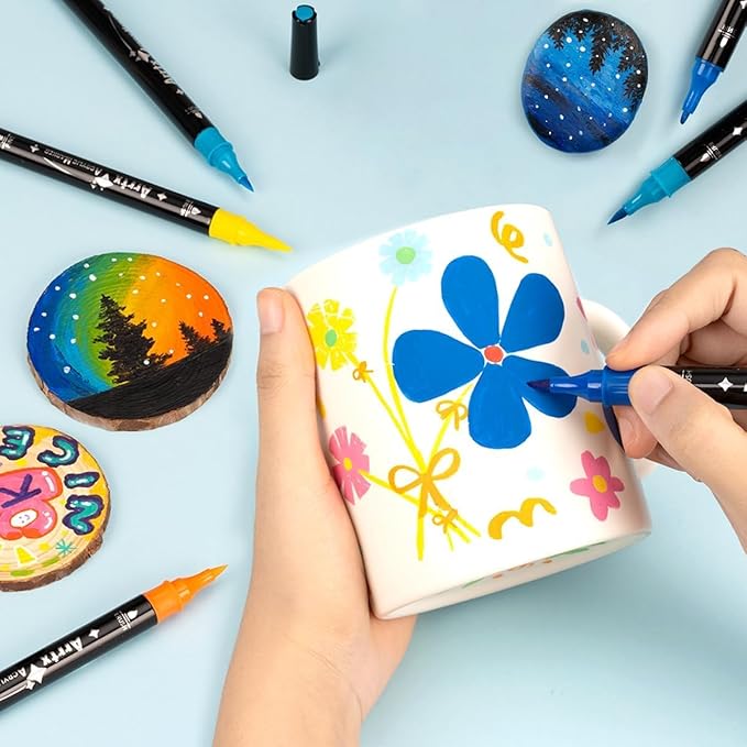 Arrtx Acrylic Pens Paint Markers 32 Colors, Dual Tip Acrylic Paint Markers with Brush Tip and Fine Tip, Art Supplies for Rock Painting, Wood, Ceramic, Fabric, Glass, DIY Crafts