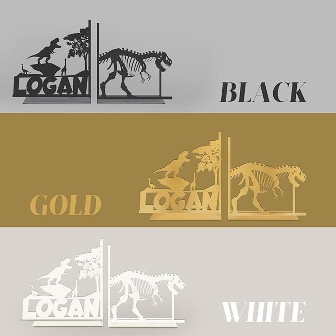 Personalized Name Book Ends Metal, Heavy Duty Bookends for Shelves Decorative, Dinosaur Non-Slip Book Stopper, Home Office Desk Modern Bookshelf Decor, Gifts for Readers Color02