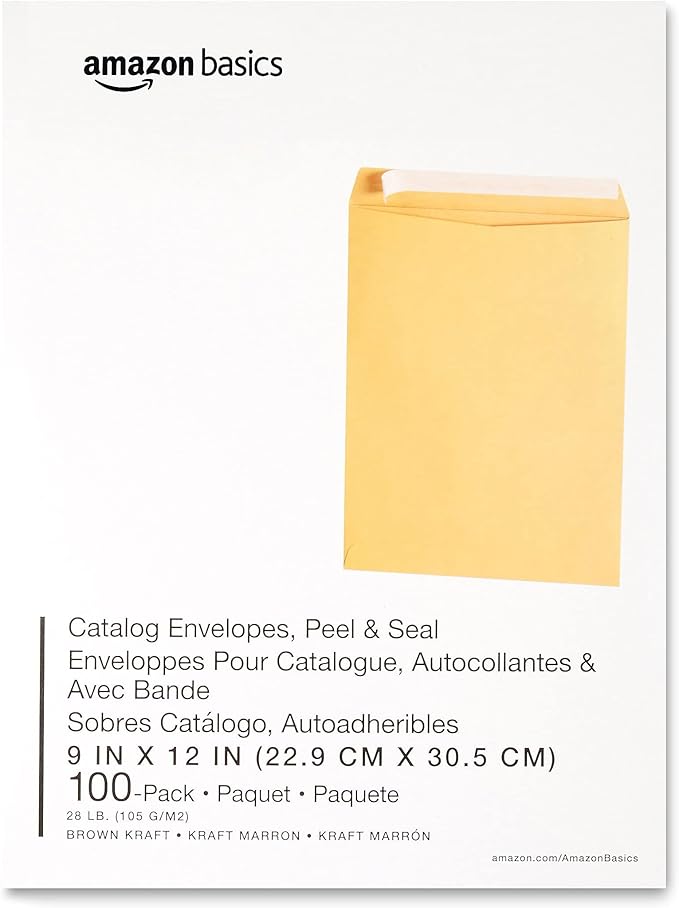 Amazon Basics Catalog Mailing Envelopes, Peel and Seal, 9x12 Inch, Brown Kraft, 100-Pack
