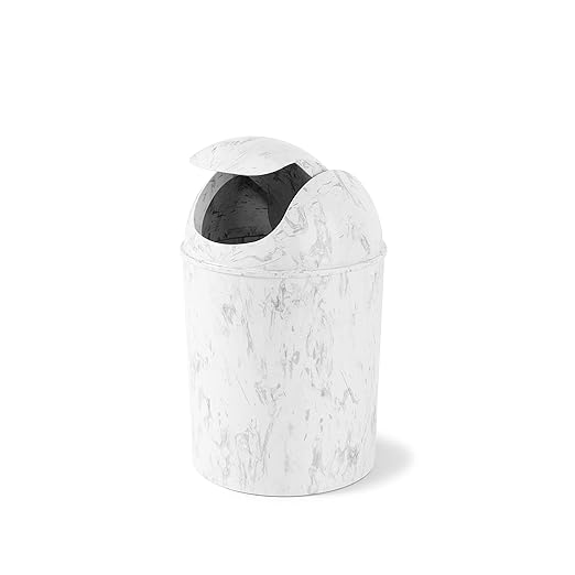 Umbra 1.25 Gallon Mini Waste Can with Removable Swing-Top Lid - Small Garbage Bin for Kitchen, Bathroom, Bedroom, Office - Compact Trash Can Fit Under Tables & Counters - White Marble