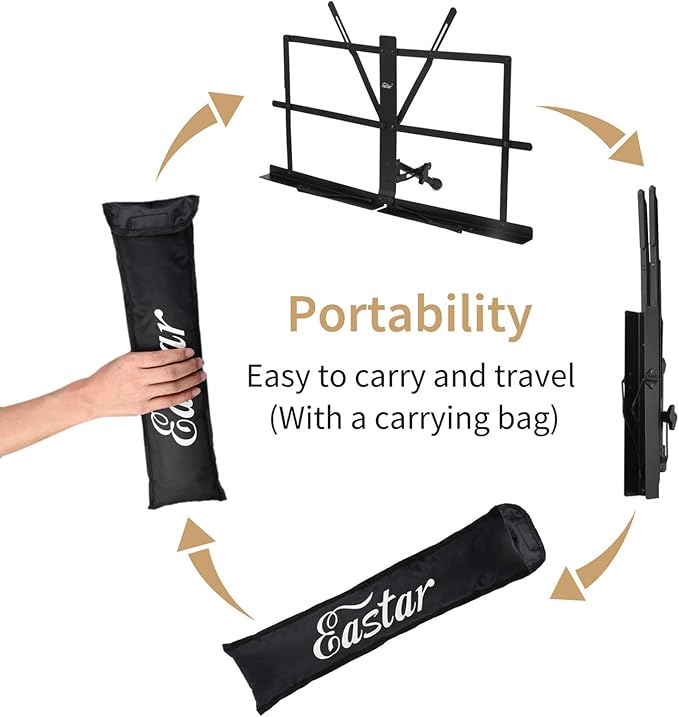 Eastar Tabletop Music Stand for Sheet Music ESMF-3, Table Top Desktop Book Stand Folding Portable Sheet Music Stand Adjustable Travel Music Holder Lightweight with Carrying Bag, Black