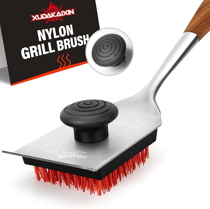 XUDAKAIXIN Nylon Grill Brush,Dual Grip Design,with Extended Luxurious Acaciawood Handle,Safe Nylon Bristles Barbecue Triple Scrubbers Cleaning Brush for Cast Iron Grates/Porcelain/Charcoal Grill