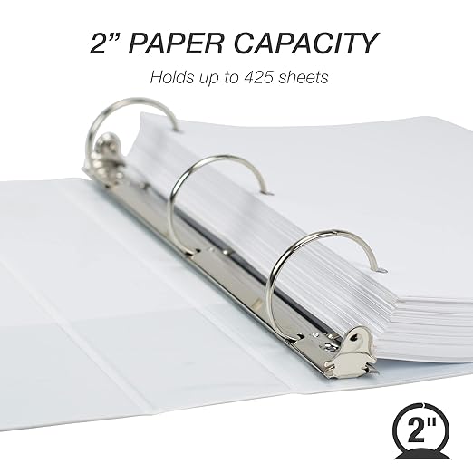 Samsill 2 Inch 3 Ring Binder, Made in USA, Economy Round Ring, Clear View Cover, 425 Sheet Capacity - for School, Home, Office - Pearl White