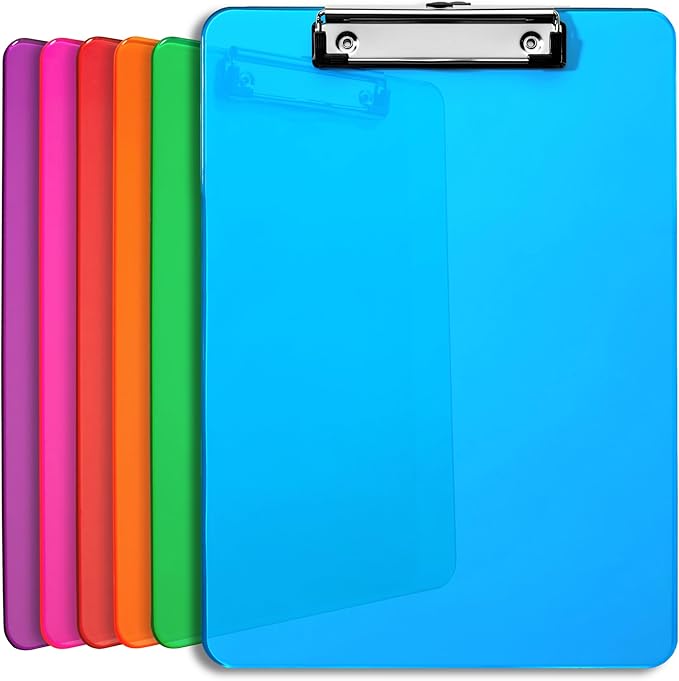Plastic Clipboards with Low Profile Clip Set of 6-12.5 x 9 Inch Multi Color Plastic Clipboards Bulk - Clear Clip Boards Bulk Classroom Holds 100 Sheets, Acrylic Clipboard Clear 6 Pack