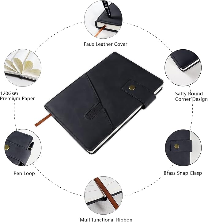 vfaejll A5 Lined Leather Journal Notebook,Hardcover Journal Set with Pen and Gift Box,100Pages 100gsm Thick Ruled Paper Daily Diary for Men Women School,Travel,Business,Work,Writing 5.9" X 8.4"