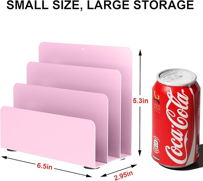 OUTIOE Mail Organizer Countertop, Small Desk File Organizer, Metal File Holder - Essential Workspace Organizers for Office Desk, Home Office (Pink)