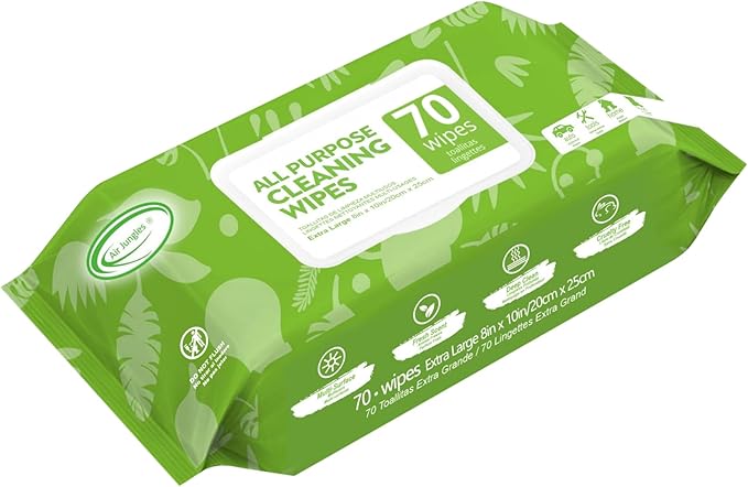 Air Jungles All Purpose Cleaning Wipes for Car and Home 70 Count, Extra Large 8" x 10" Heavy Duty for Car Interior Vinyl, Kitchen, Bathroom, Countertop, Furniture, Tool - Non-Toxic for Multi-Surface