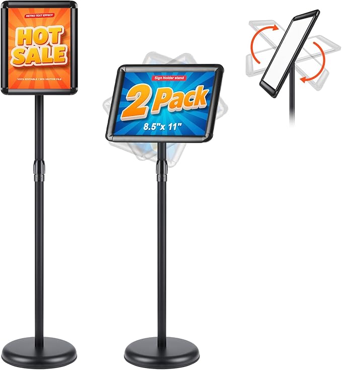 RedChili 2 Pack Sign Holder Stand 8.5x11 Inch, Adjustable Floor Standing Sign Holder Signage Stand with Aluminum Snap-Open Frame Vertical Horizontal View Display For Malls Schools Restaurants (Black, Round Corner)