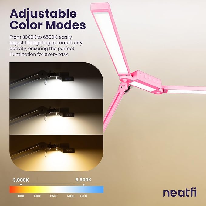 Neatfi LED Desk Lamp, Dimmable Desk Light with 360 SMD LEDs, 30W, CRI 95, Adjustable Color Temperature, Task Lamp for Home, Office, and Workbench (CCT, Pink, 41 Inches)