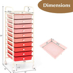 GLACER 10 Drawers Rolling Cart, Storage Cart with w/Removable Drawers & Steel Frame, Utility Mobile Trolley w/Universal Casters & 2 Brakes, Organizer Cart for Home, School, Office (Gradient Pink)