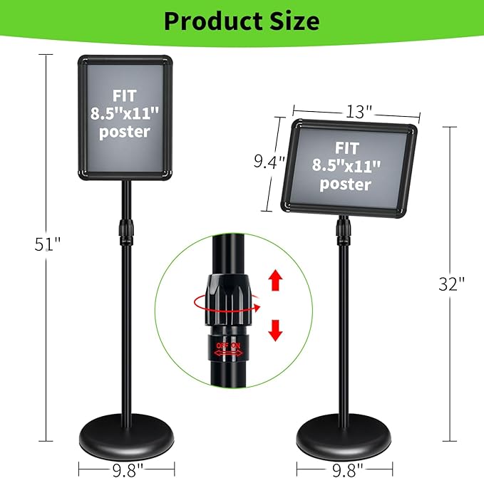 INNOVSIGN Adjustable Pedestal Sign Holder Stand 8.5''x11'', Floor Standing Poster Sign Stand, Aluminum Frame for Vertical/Horizontal View Sign Stand,Outdoor/Indoor Standing Sign Holders(Black, Round)