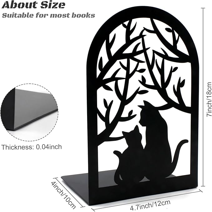 Book Ends, Bookends, Metal Bookend, Cat Decorative Bookends, Bookends for Shelves, Home Decorative Bookends for Heavy Books, Black Non-Skid Book Stopper, 7 x 4.7 x 4 inch (2 Pair)