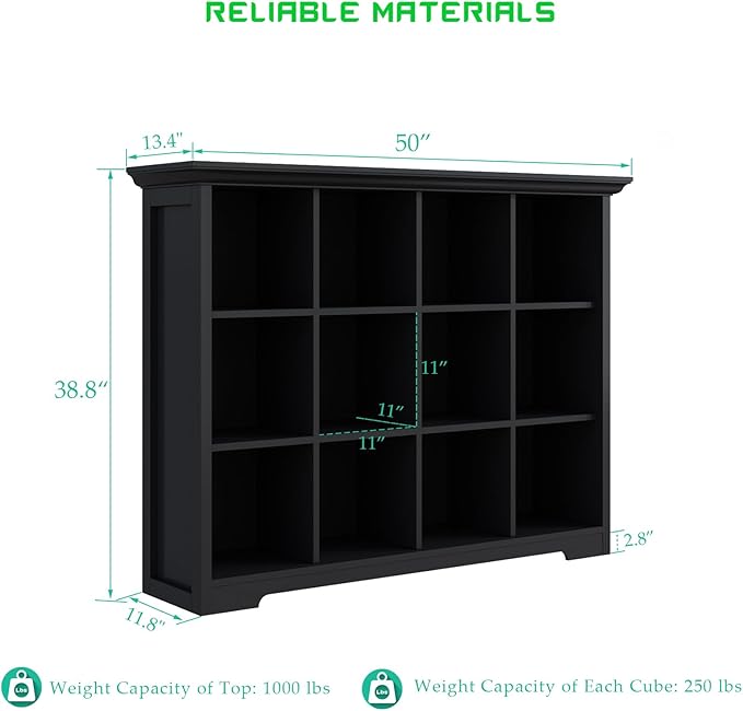 OSCHF Cube Storage Bookcase with Base - Wooden 3 Tiers Floor Standing Open Shelf Cabinet for Home and Office, 12-Cube Lattice Bookshelf, Black