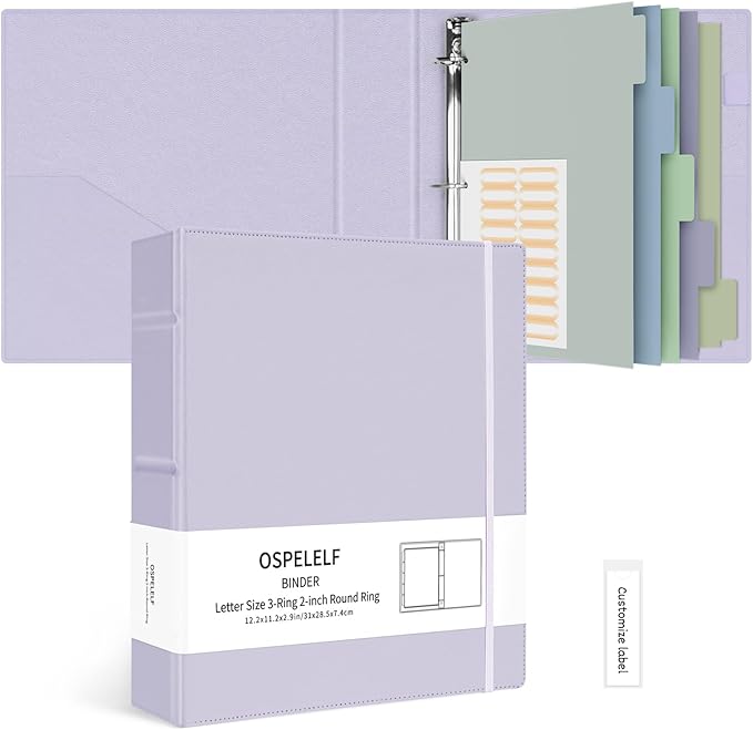 Ospelelf Vintage Hardcover 3 Ring 2 inch Leather Binder, Professional Binders Organizer Suitable for Letter Size Documents, Binder Dividers with Tabs, Purple