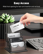 Uniclife Acrylic Business Card Holder for Desk 3 Slots Horizontal Business Card Display Stand for Men and Women Desktop Name Card Organizer Card Stand for Office Home, 180 Card Capacity, Black