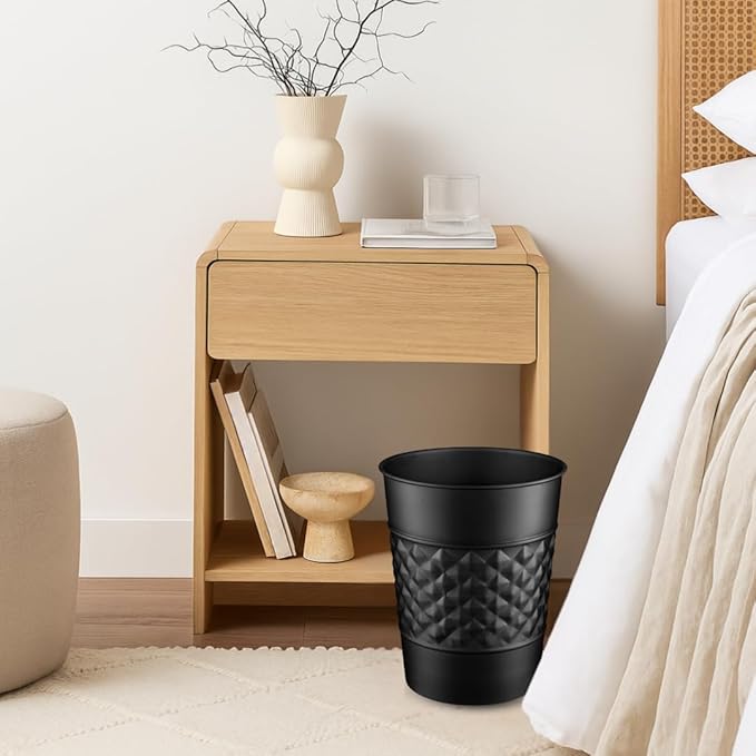 Monarch Abode Metal Bathroom Trash Can – Waste Basket for Bedroom, Office Desk, & Dorm, Handcrafted Geo Embossed, Durable Decorative Black Small Trash Can Bathroom Garbage Bin Wastebasket