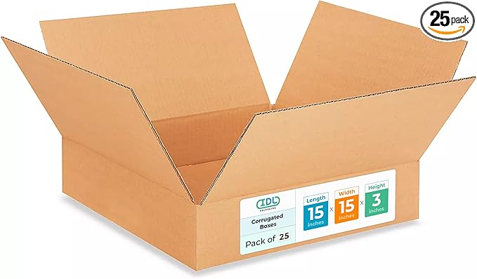 Medium Moving & Shipping Boxes 15"L x 15"W x 3"H (25-Pack) - Extra Strength 200 lb vs Regular - Corrugated Boxes for Packaging - Medium Packing Box - Carton Box by IDL Packaging