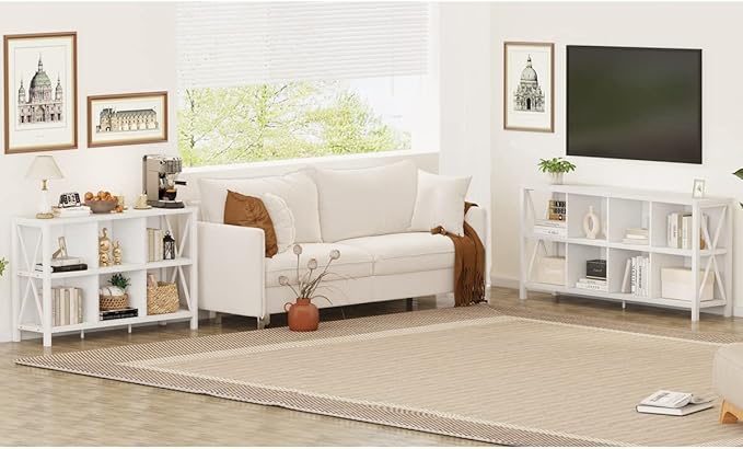 FATORRI 8 Cube Storage Organizer Bookshelf, 62 Inch Rustic Wood Horizontal Bookcase, Industrial Cube Long Book Shelf for Living Room (White Oak)