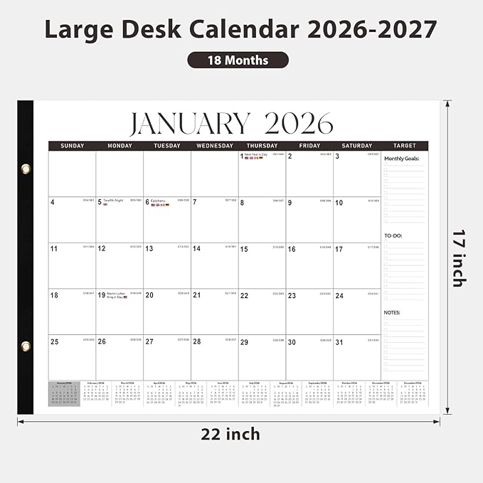 2026 Desk Calendar, Large Desk Calendar 22" x 17" (Jan 2026 - Jun 2027) Monthly Desktop Wall Planner for Family Teacher School Office Supplies, Black-White