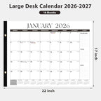 2026 Desk Calendar, Large Desk Calendar 22" x 17" (Jan 2026 - Jun 2027) Monthly Desktop Wall Planner for Family Teacher School Office Supplies, Black-White