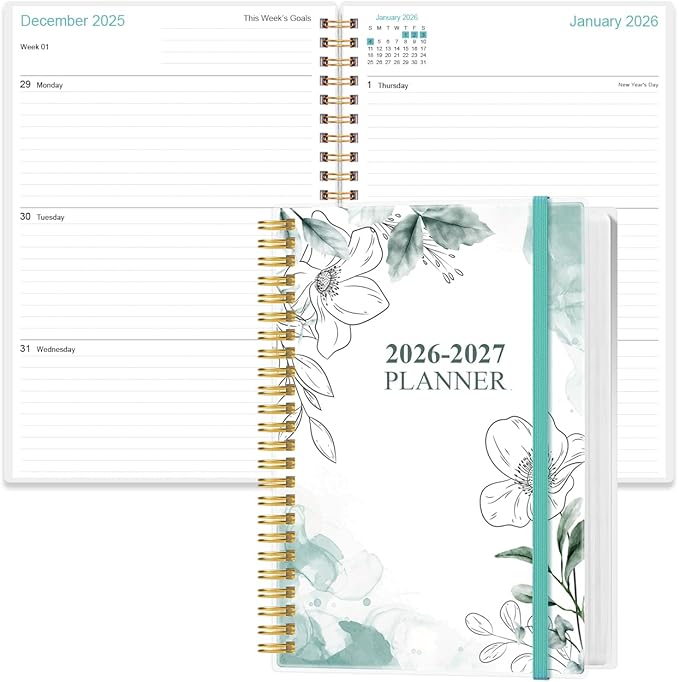 2026-2027 Planner - 18 Months Weekly & Monthly Planner from January 2026 - June 2027, Spiral Planners 2026-2027 with Elastic Closure, Inner Pocket, Medium 5.8" x 8.3", Teal Flower