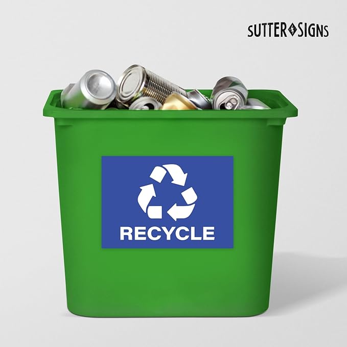 4pc Recycle Stickers + 4pc Trash Stickers | Weatherproof Vinyl Sticker Recycling Signs for Trash Bins, 7" x 10"