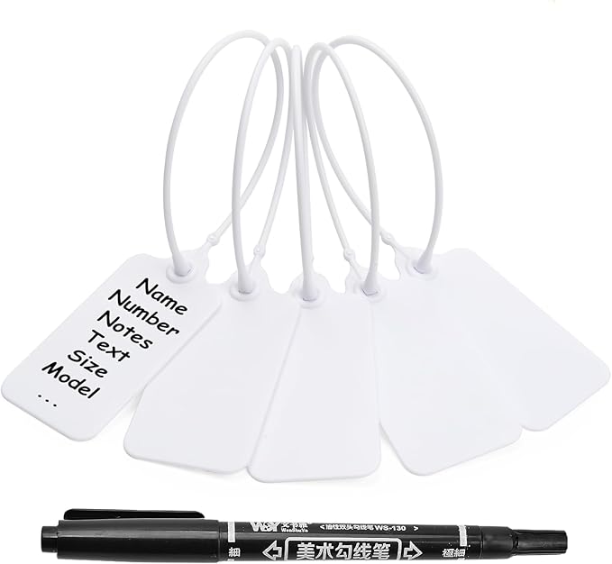 50 White Blank Plastic Tags for Labeling Waterproof Hanging Labels Writable Tags Seal Plastic Marking Label for Clothes Bags Keys Inventory with One Marker Pen