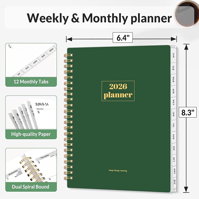 SUNEE 2026 Planner, Weekly and Monthly Calendar Planner, January 2026-December 2026, Daily Agenda with Tabs, Note Pages, Spiral Binding, 6.4"x8.3", Deep Green