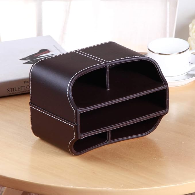 PUSU Remote Control Holder PU Leather 360 Degrees Rotatable Desktop Supply Organizer Storage Box for Controllers Media Stationery Nightstand TV Caddy E-reader iPad Phone Pen/Pencil Cosmetic(Brown)