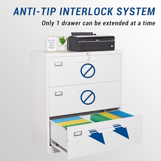 Fesbos Lateral File Cabinet with Lock, 3 Drawer Large Metal Filing Cabinet,Home Office Lockable Storage Cabinet for Hanging Files Letter/Legal/F4/A4 Size-Assembly Required