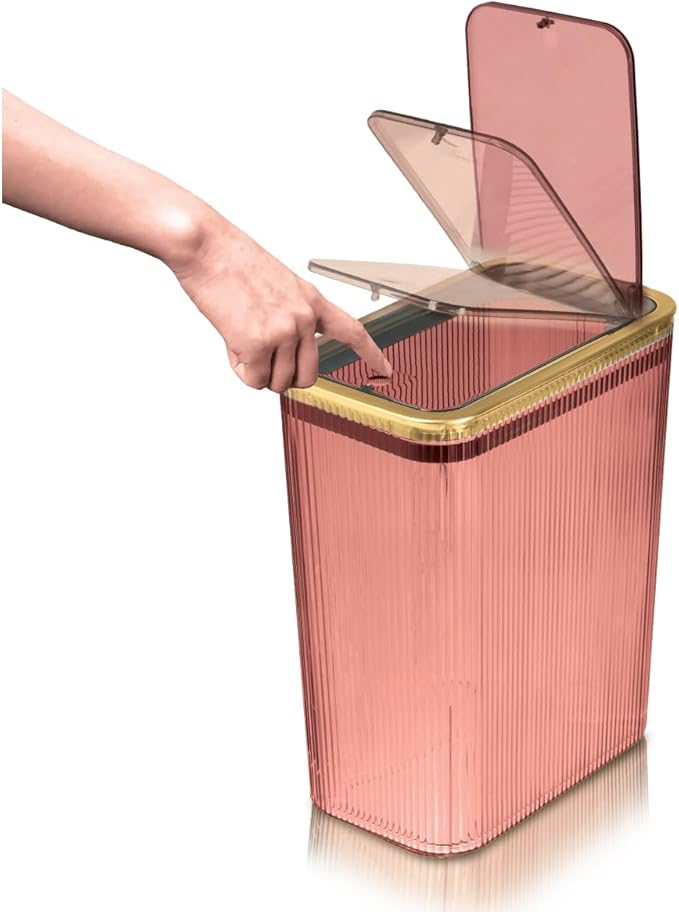 Glad Bathroom Trash Can, 2.6 Gallon (10L) - Slim Plastic Waste Basket with Pop-Up Lid and Bag Ring - Colored Clear Trash Can for Bedroom, Office, College Dorm - Blush
