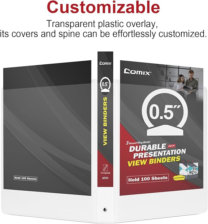 COMIX Sturdy 3 Ring Binder 0.5 inch with Clear View Cover, 1/2" Round Ring View Binder, PVC-Free, 2.4mm-Thick, 100 Sheets Capacity of US Letter Size Paper, Office ＆ School Supplies, Pack of 12 (White)