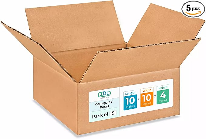 Medium Moving & Shipping Boxes 10 x 10 x 4 inches (5-Pack) - Extra Strength 200 lb vs Regular - Corrugated Cardboard Boxes for USPS/FEDEX - Medium Box - Corrugated Cardboard Box by IDL Packaging